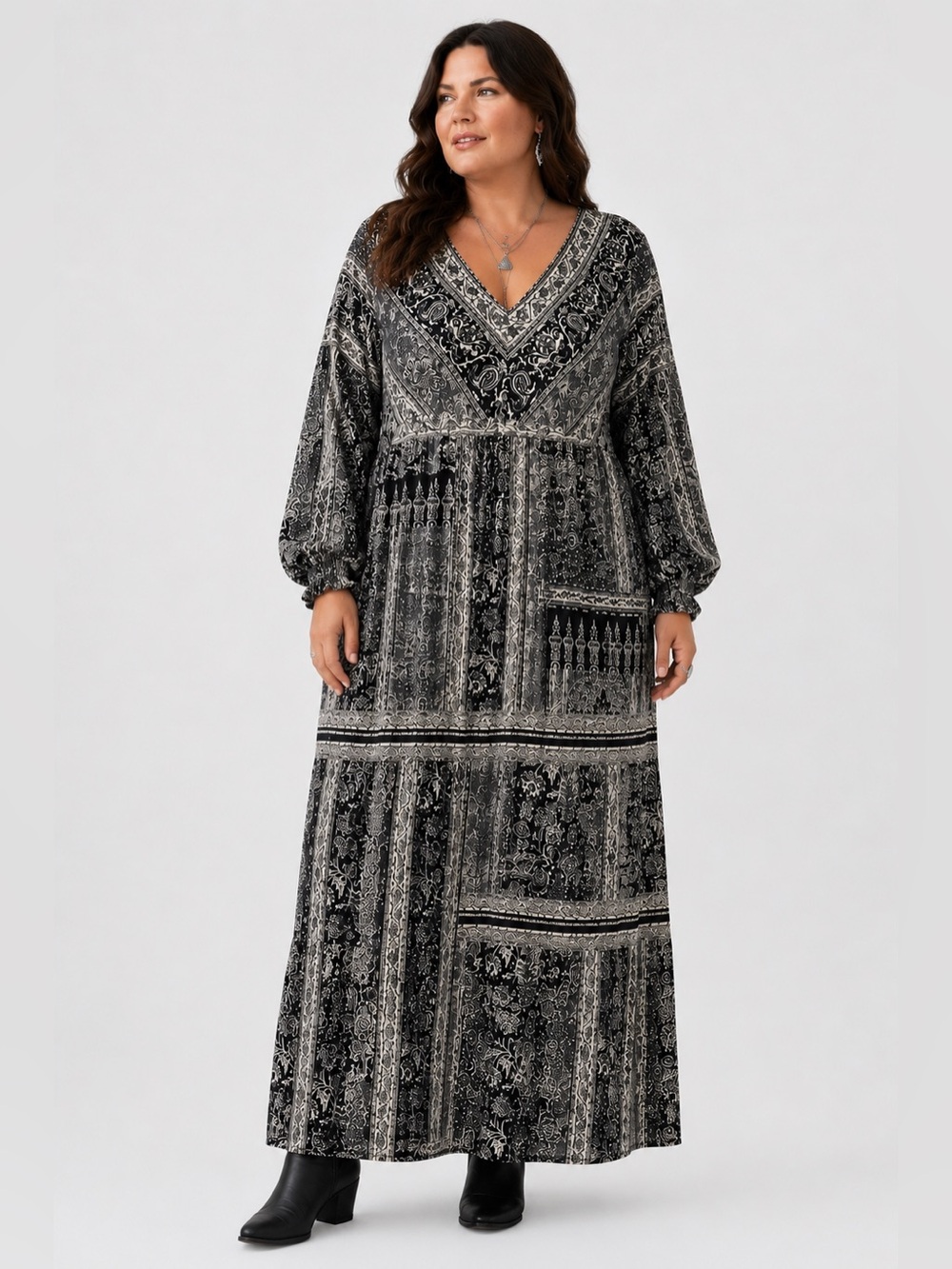 Wonderly 2X Cotton Gauze Maxi Dress Black Ivory Boho Whimsigoth Tiered